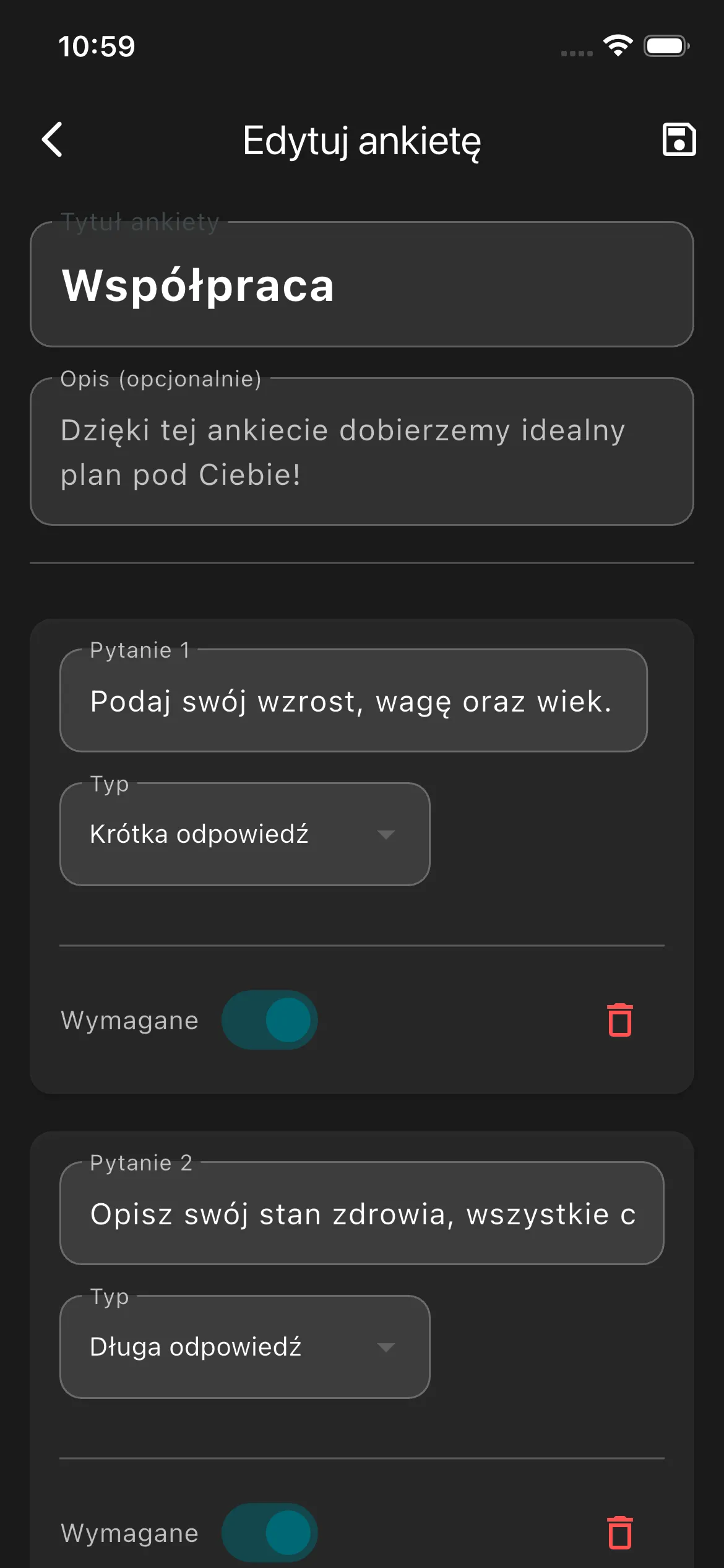 Wbudowany system kreowania ankiet i wywiadów medycznych dla klientów