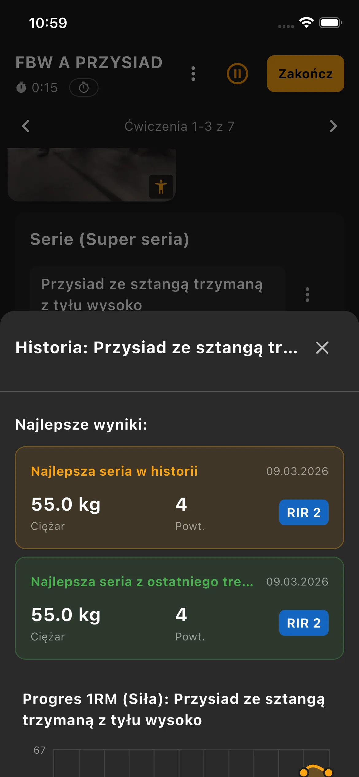 Szczegóły ćwiczenia i historia obciążeń