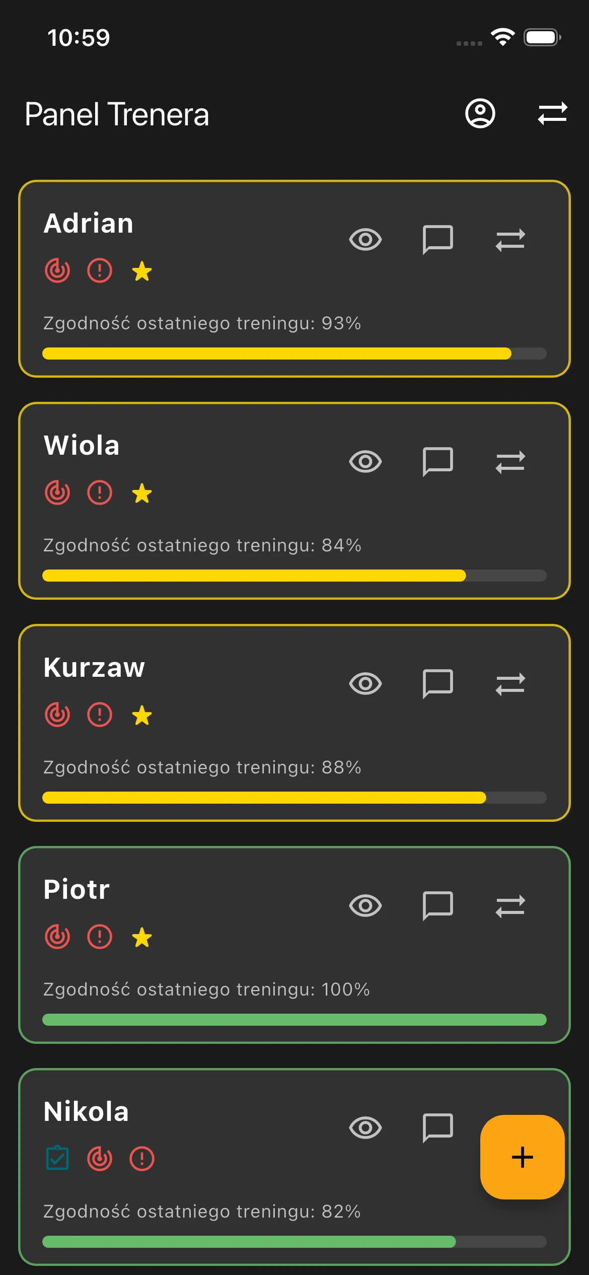 Główny panel zarządzania podopiecznymi w aplikacji trenerska