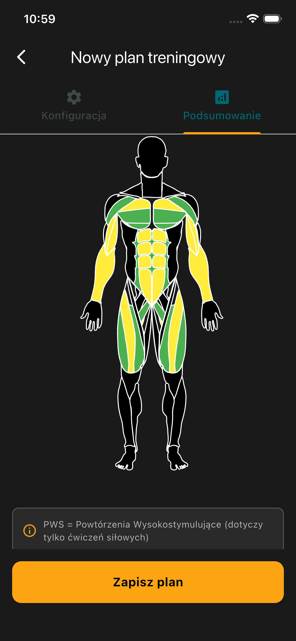 Podsumowanie planu treningowego z automatycznym liczeniem objętości