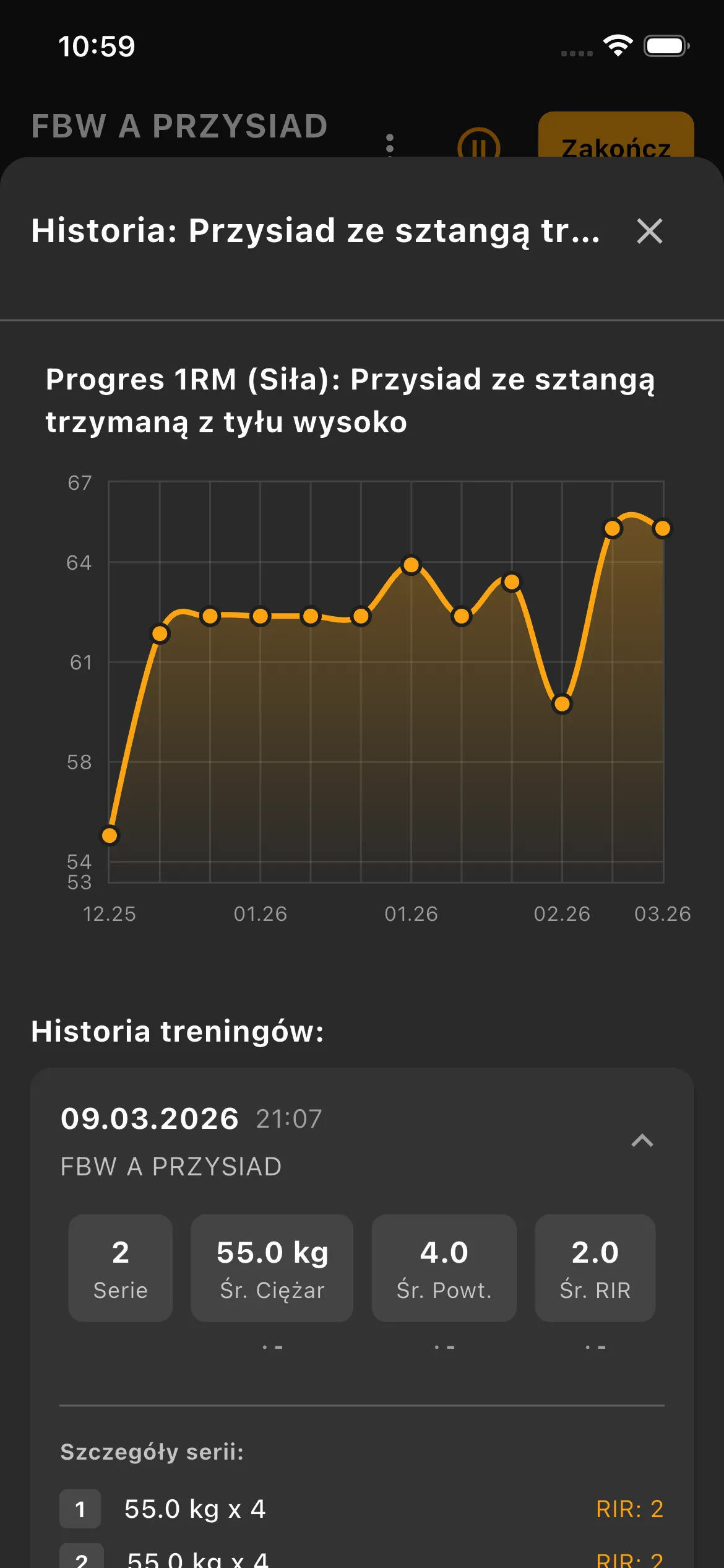 Wykres automatycznego wyliczania i monitorowania progresu ciężaru maksymalnego (1RM)