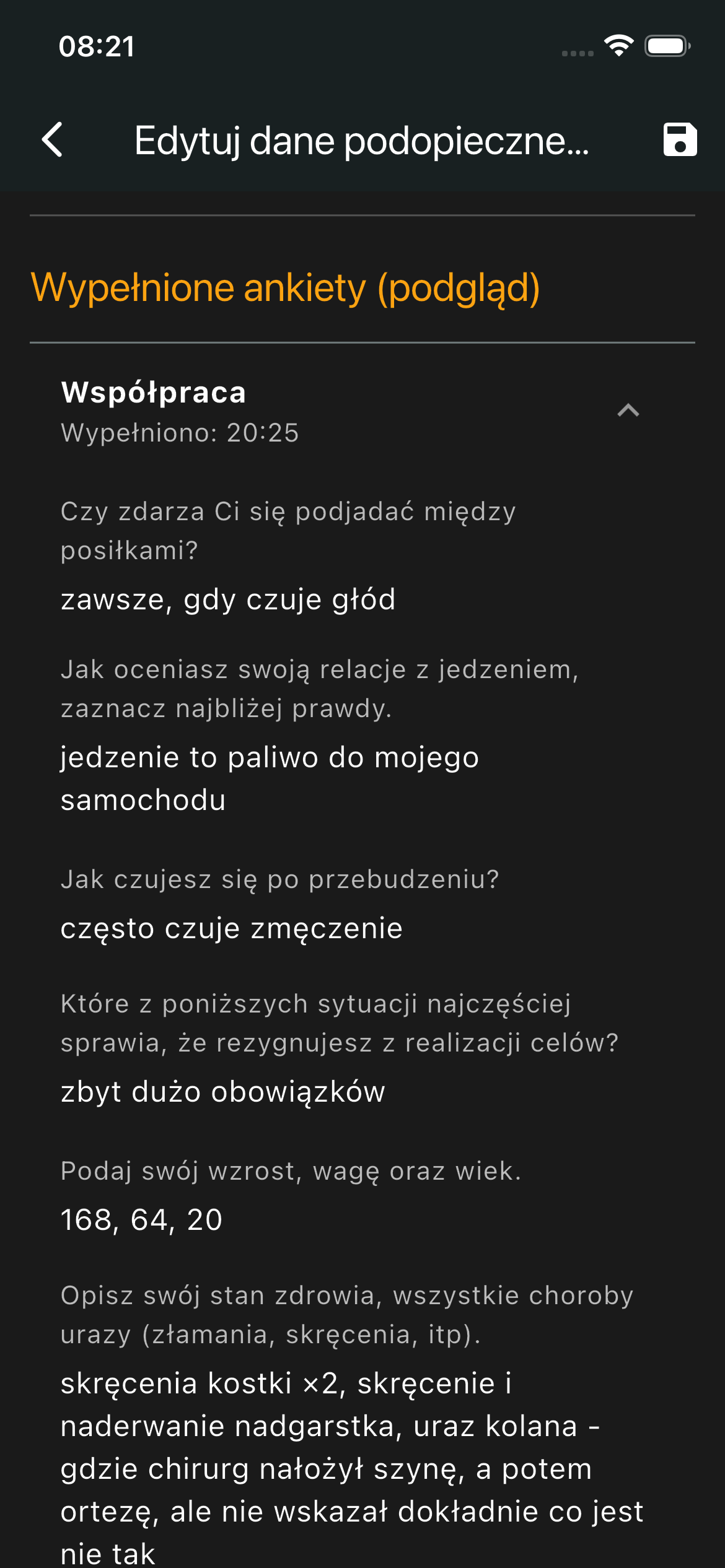 Podgląd odpowiedzi i analiza wyników check-inu wypełnionego przez klienta