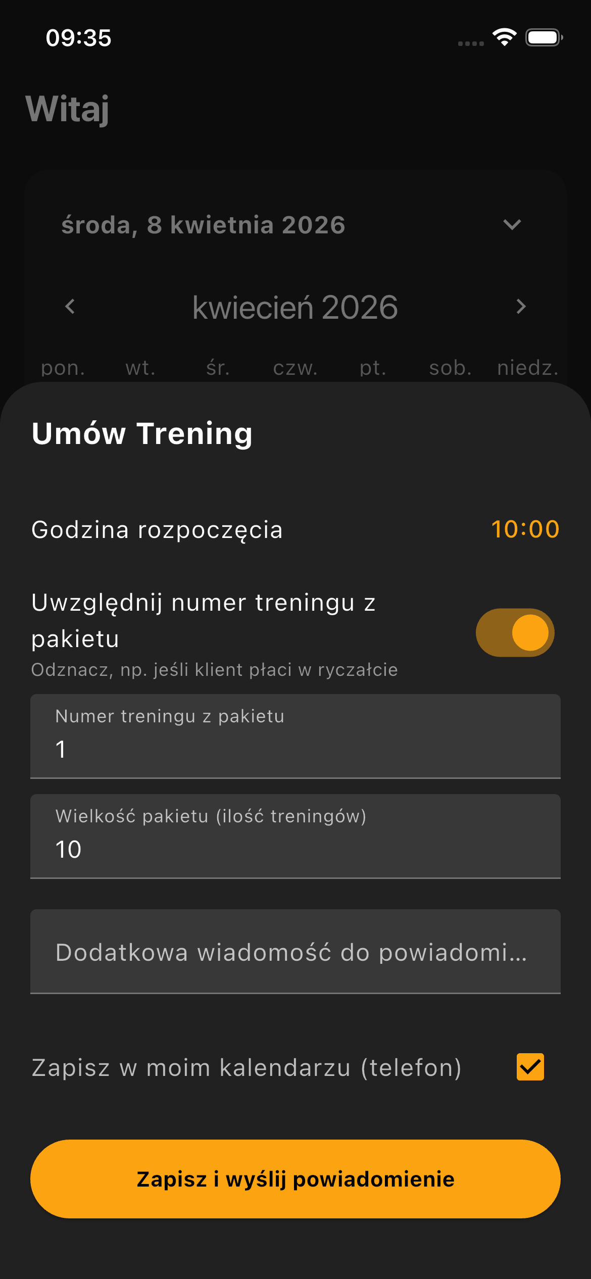 Wysyłanie zaproszeń na wspólne sesje i treningi wpisane w kalendarz